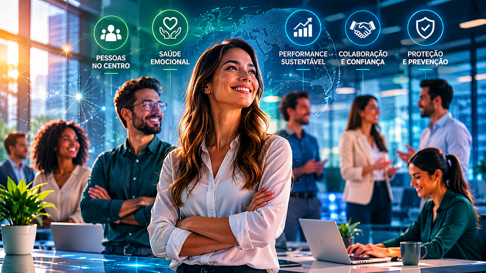 Equipe corporativa em ambiente moderno com ícones de pessoas, saúde emocional, performance, colaboração e proteção.