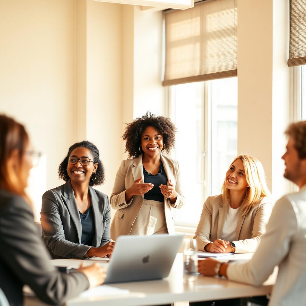 Equipe diversa em reunião sorrindo