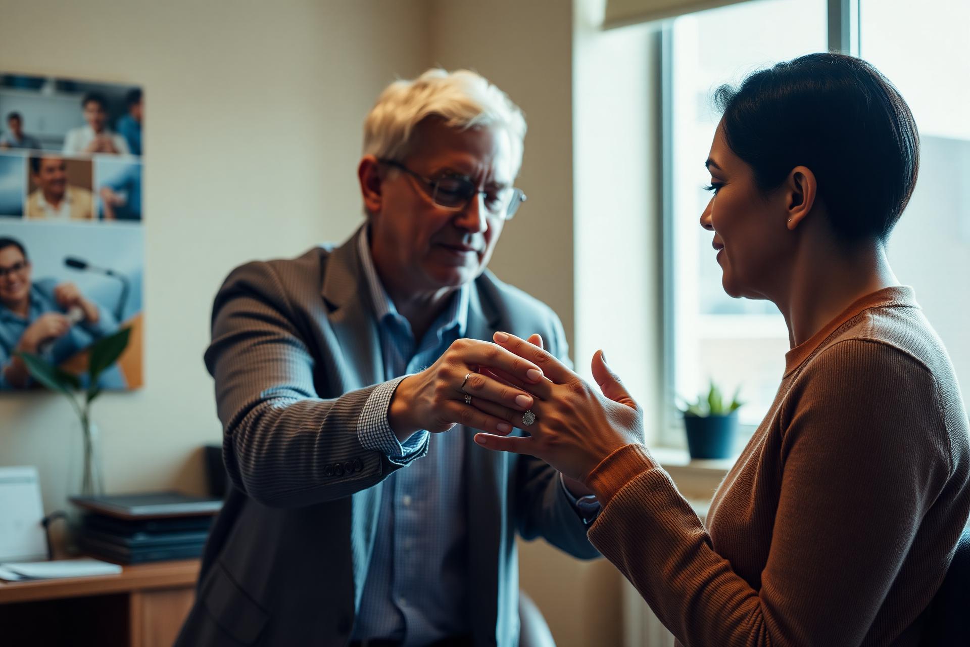 Mentor acolhendo colega em ambiente de trabalho