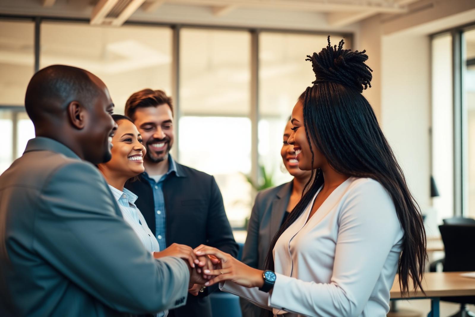 Equipe diversa colaborando em um ambiente corporativo acolhedor